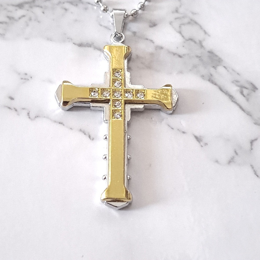 New Boutique Cross Pendant Necklace Unisex Gold Silver Two Tone Crystal Inlay